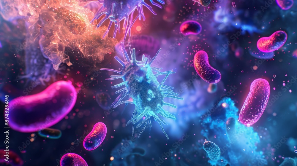 Poster a vibrant, colorful 3d rendering of various bacteria and viruses in a microscopic view. the image sh
