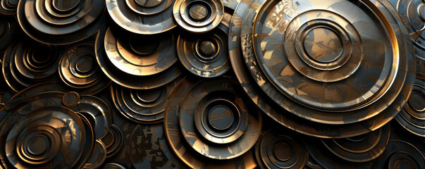 An abstract background featuring geometric circular patterns in metallic tones, creating a sophisticated and modern design with a sense of texture.