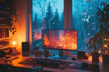 A desk with a computer displaying a forest scene, illuminated by warm light and a lamp, with a window showing a view of trees and lights outside