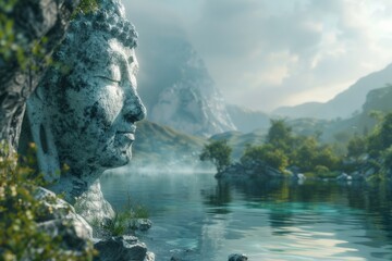 Serene Landscape with Majestic Stone Buddha Head Statue on Lake Shore Amidst Misty Mountains and Tranquil Waters Under Cloudy SkySerene