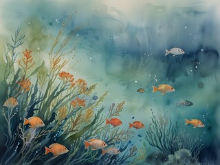 Naklejka premium Sunlight filters through a vibrant coral reef teeming with colorful fish