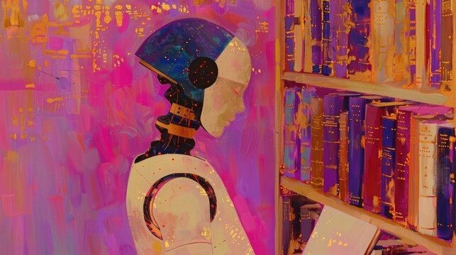 A robot organizing books on a bookshelf in a home library, ensuring everything is perfectly aligned