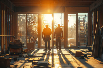 full body shot of two men working on new home construction interior with sliding glass doors during golden hour