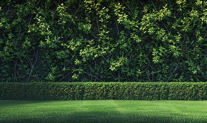 A yard with neat green grass with walls covered with green plants