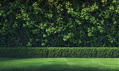 Fototapete A yard with neat green grass with walls covered with green plants © dwilailiyati
