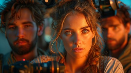 Obraz premium A portrait of three young adults with intense expressions, featuring warm lighting that highlights their facial features and emotions; this captivating scene showcases detailed textures 