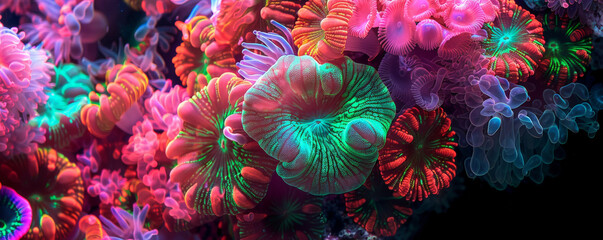 An enchanting scene of fluorescent corals in vibrant colors such as neon red, bright pink, and electric green, isolated on a black background to highlight their luminescence and intricate patterns.