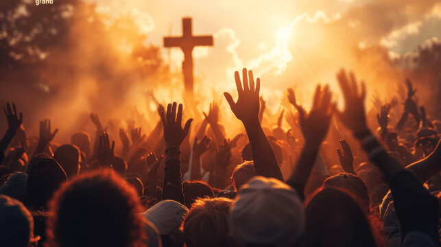 Christian community praying with raised hands in worship at sunset with a cross