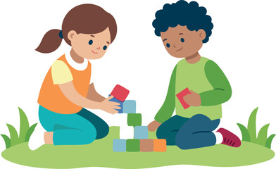 Two children are playing with blocks in a grassy area