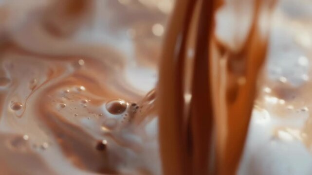 Close-up of coffee and cream blending in warm light. Cream creates swirling patterns in espresso, producing a frothy texture. The mood is cozy and inviting, evoking a sense of comfort.
