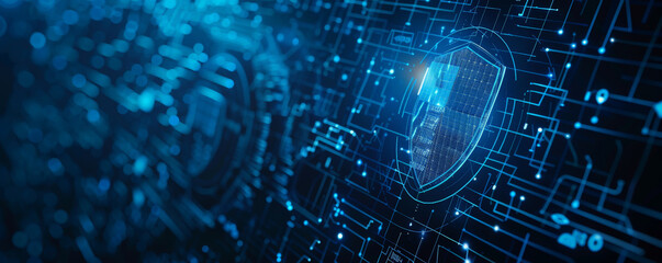 Obraz premium Blue-toned cyber security background featuring a digital shield, binary code, and abstract lines representing data protection.