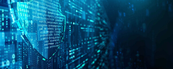 Blue-toned cyber security background featuring a digital shield, binary code, and abstract lines representing data protection.