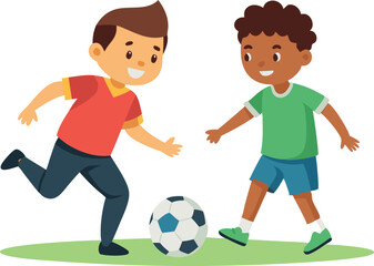 Two young boys playing soccer on a field