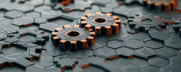 Many black and yellow gears are on a black haxagon-shaped background