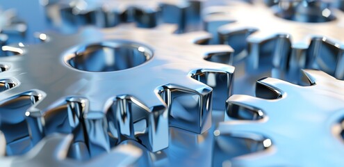 Some gears made of silver-colored iron shine with blue highlights
