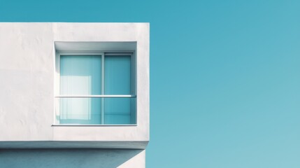 A stark white building with a large, blue-tinted window, set against a clear, vivid sky, embodying simplicity and modern architectural design, evoking a sense of clarity and space.