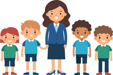 A group of children are standing in a line with a woman in a blue suit