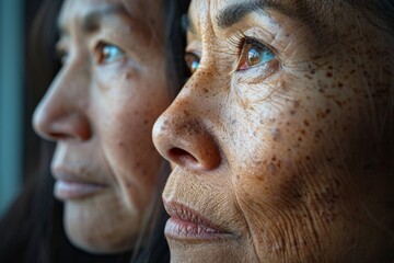 Obraz premium Close-up portrait of two elderly people with deep eye reflections and wrinkled skin, highlighting aging and wisdom, side profile viewelderly