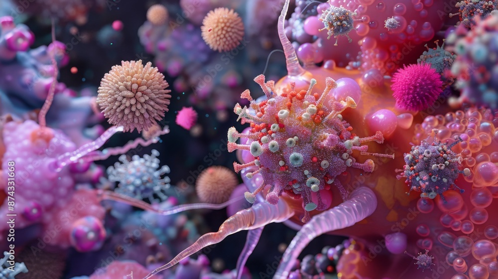Poster a close-up view of various colorful viruses and cells interacting, resembling a microscopic landscap