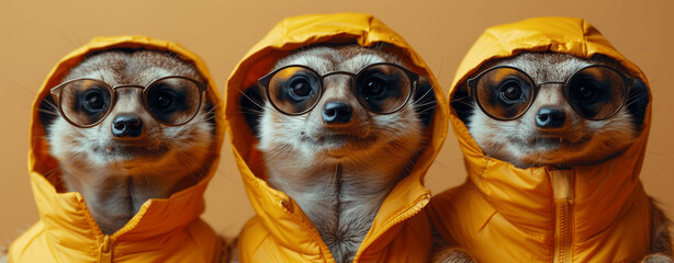 Fototapeta premium Funny Meerkats in Sunglasses and Hoodies on Solid Background Creative Animal Fashion Banner with Copy Space