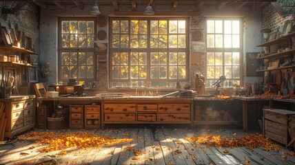 Obraz premium Warm Sunlit Autumn Workshop Interior with Wooden Furniture and Floor, Surrounded by Tools and Autumn Leaves, Bright and Cozy Atmosphere workspace