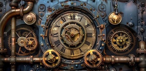 Illustration of part of a clock consisting of gears made of blue iron and yellow gold