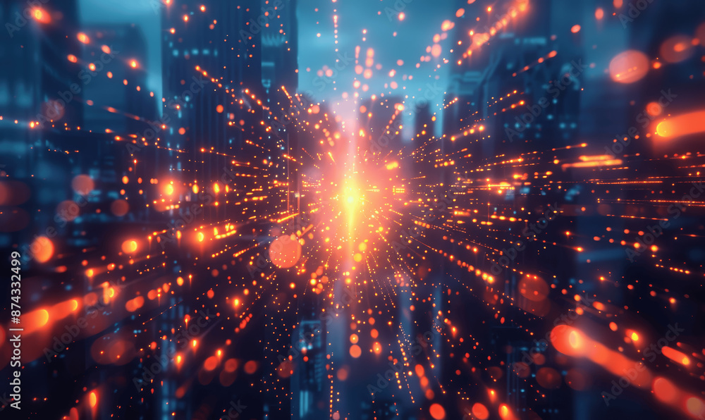 Poster futuristic high-speed digital technology background with glowing data lines and particles in blue an