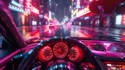 Modern futuristic car dashboard display with neon pink and blue lights driving through rainy city streets at night, showcasing urban cyberpunk aestheticfuturistic