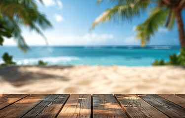 Wooden Table Top with Blurred Beach Background for Summer Vacation Product Display