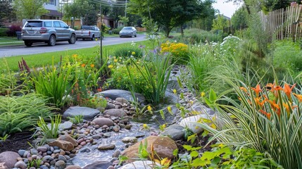 Rain Garden Filled with Native Plants for Capturing and Filtering Rainwater Showcasing Sustainable Landscaping