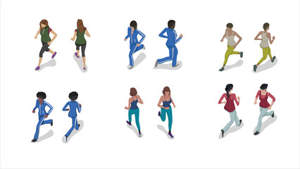 isometric set of woman people running pose activity
