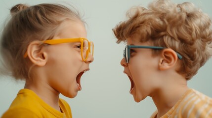 Two children wearing glasses, facing each other with open mouths, appearing to shout or argue. Fun and playful moment captured.