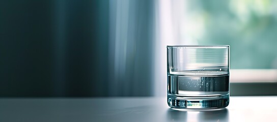 A glass half filled with mineral water on a table with a black background and light from outside