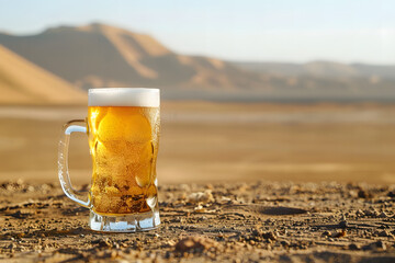 Vaso de cerveza helada en medio de un paisaje deseritco con copyspace. Generado con inteligencia artificial.