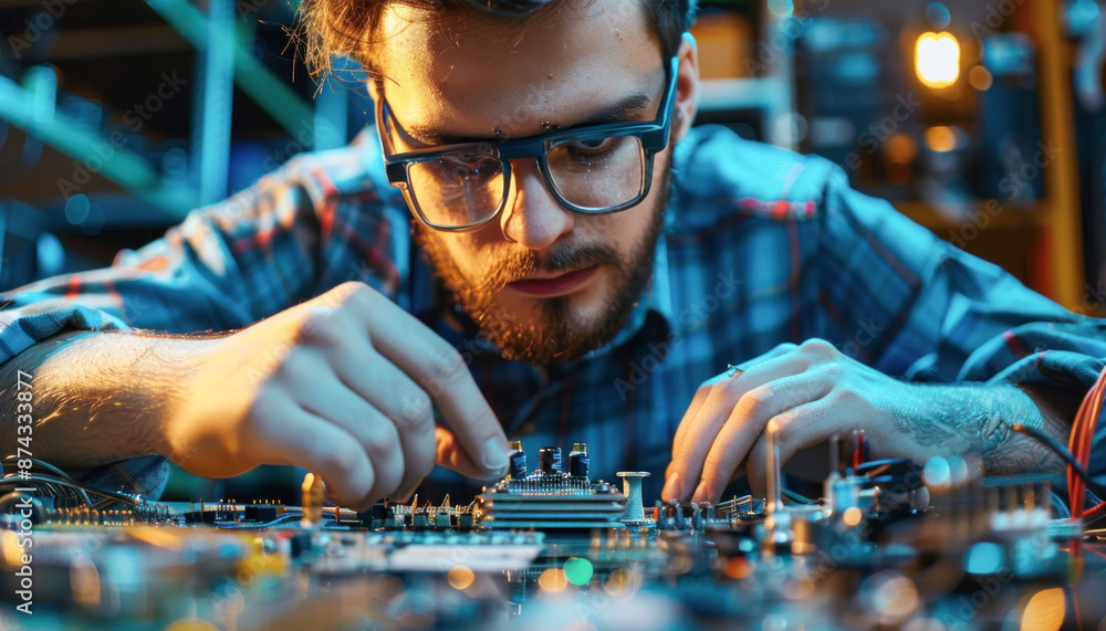 Poster a man with glasses demonstrates his engineering skills while working on a motherboard in a workshop