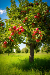 The Harvest Season: A Delightful Scene of a Lush Apple Tree Laden with Ripe Apples in A Vibrant Green Field