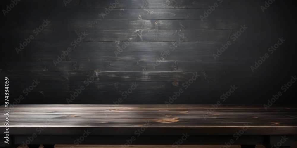 Wall mural Dark wood table against a wooden background with spotlight