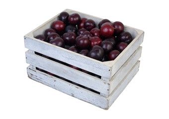 Ripe plums in white wooden box isolated on white background