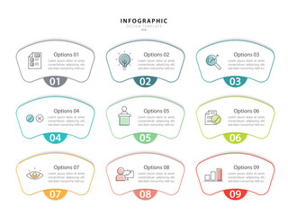 Infographic design template. Timeline concept with 9 options or steps template. layout, diagram, annual, report, presentation. Vector illustration.