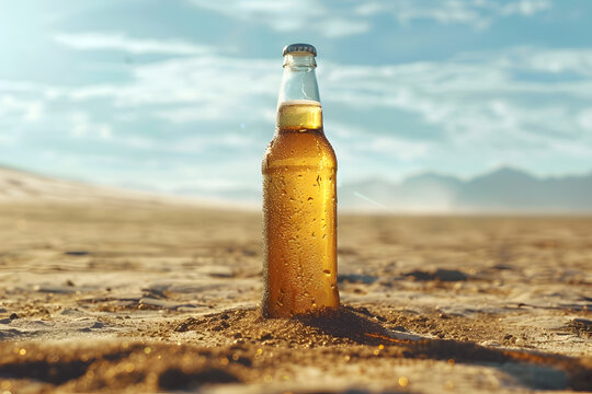 Botella de cerveza fr&iacute;a con gotitas en medio de un desierto. Generado con inteligencia artificial.