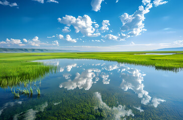 landscape with lake and blue sky
