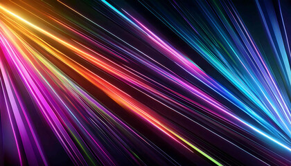 A vibrant dance of glowing lines in rainbow hues creates an energetic abstract background