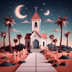 Obraz premium Eerie Deserted Church with Sacred Props and Spectral Projections - Flat Design Illustration