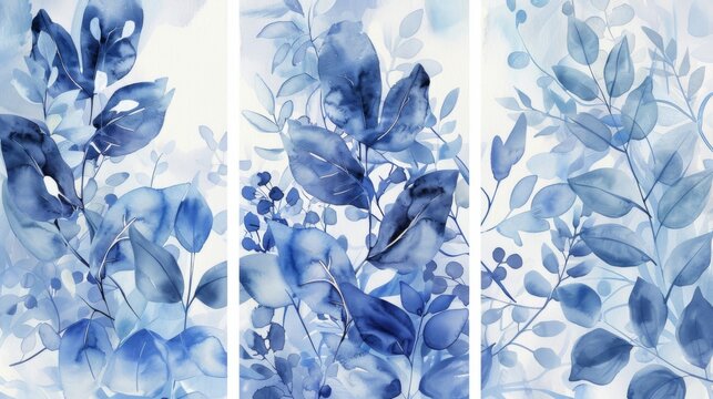 Abstract watercolor painting with three vertical panels featuring blue geometric elements. Watercolor illustration with floral and leaf patterns.