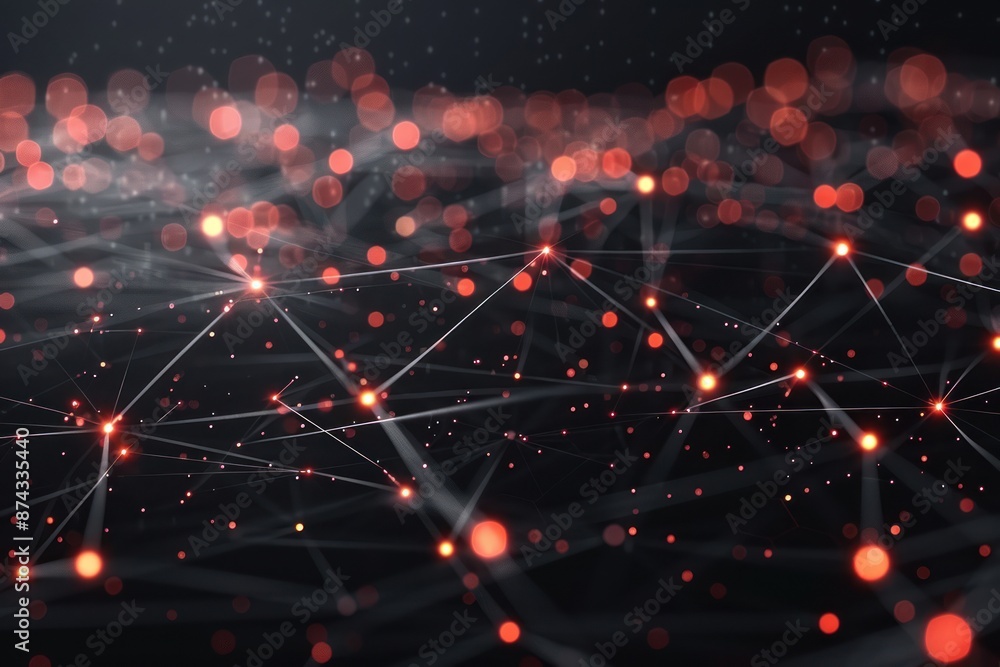 Poster a digital network with glowing red nodes and connecting lines on a black background