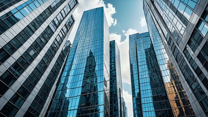 Modern skyscrapers with glass facades reflecting the sky.