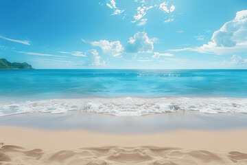 Fototapeta premium Tropical Beach with White Sand and Blue Ocean. Perfect Place for a Summer Vacation. White Sand Beach, Blue Sky, Crystal Clear Water, Beautiful Nature, and Relaxing Scenery