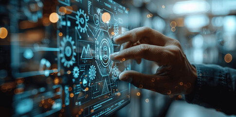 Businessman Demonstrating Workplace Safety with Icons for Compliance Protection and Health Standards in Industrial Work Environments