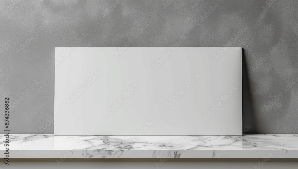 Poster blank banner on grey background with empty white shelf for product display