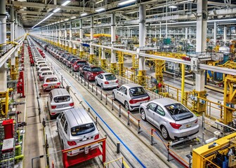 Naklejka premium High-angled view of a busy automotive factory floor showing rows of unfinished cars on assembly lines, machinery, and tools amidst a network of pipes and cables.